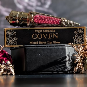COVEN - Mixed berry scented lip gloss, scented, dark pigment, gothic cosmetics, gold, luxury lip color, vegan makeup, wine colored, witchy