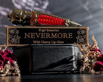 NEVERMORE - Wild cherry scented lip gloss, scented, red pigment, gothic cosmetics, gold, luxury lip color, vegan makeup, tinted