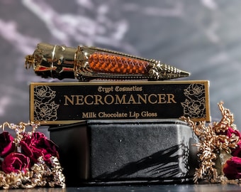 NECROMANCER - Milk chocolate scented lip gloss, brown color, dark pigment, gothic cosmetics, gold, luxury lip color, vegan makeup, gift idea