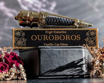 OROBOUROS - Black vanilla scented lip gloss, scented, dark pigment, gothic cosmetics, gold, luxury lip color, vegan makeup, opaque pigment
