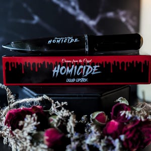 HOMICIDE - Black knife shaped slasher liquid lipstick, lip makeup, gothic cosmetics, matte, horror themed, halloween, gift for her, vegan