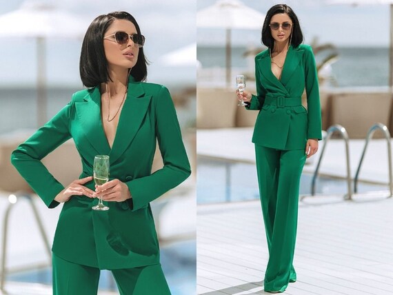 Green Women's Pantsuit Elegant Business Suit -