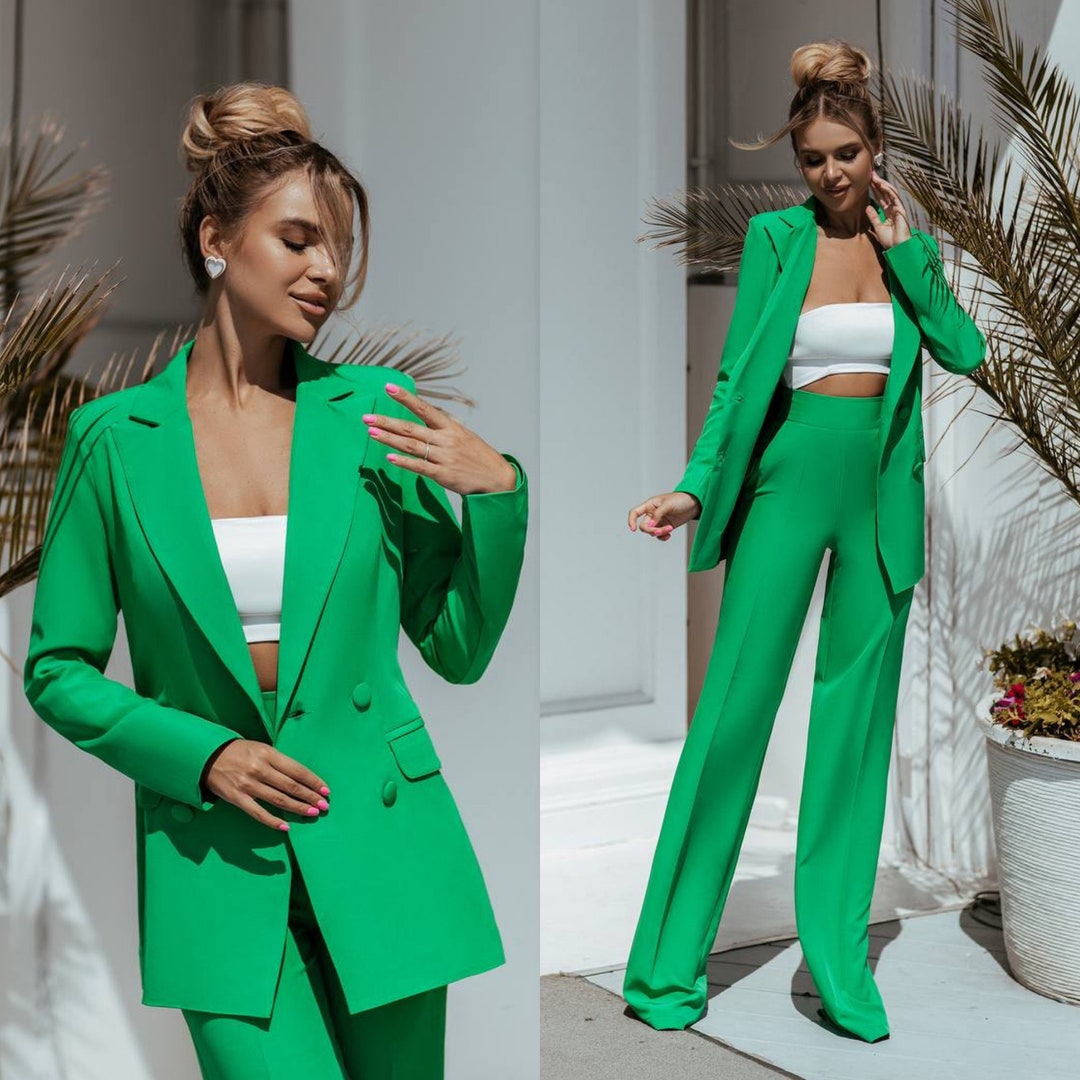Green Women's Pantsuit Elegant Business Suit Blazers - Etsy