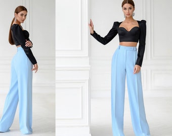 Blue High Waisted Pants Women Wide Legs Women Pants  Chic Palazzo Pants With Pockets
