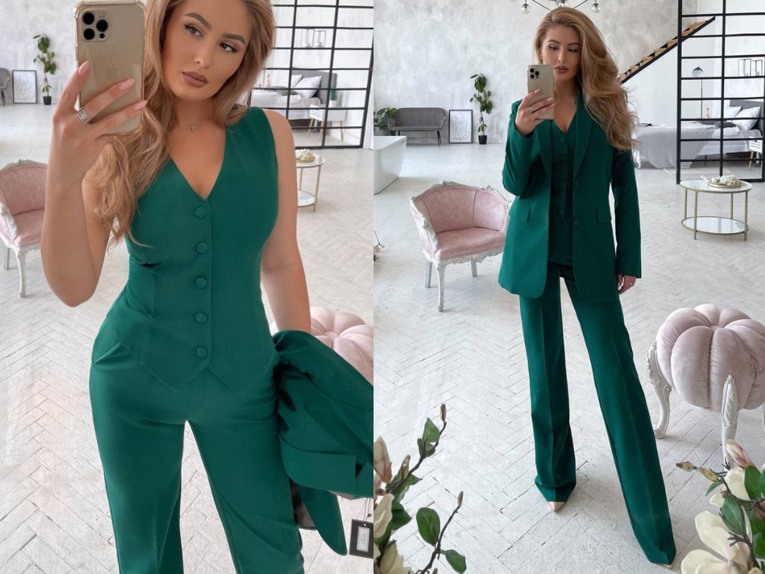 Green Emerald Womens Suit Office Women 3 Piece Suit With Slim - Etsy