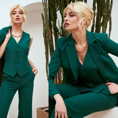 Emerald Green Pantsuit Suit Three Piece 