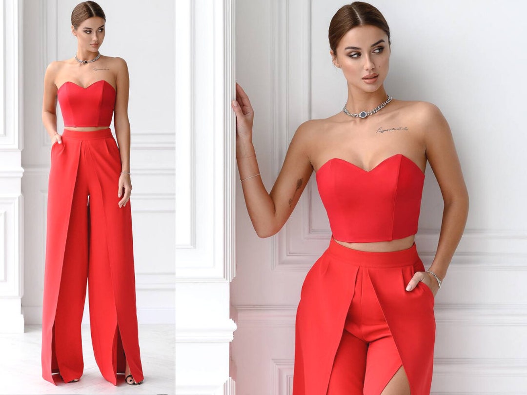 Red Formal Palazzo Pants Highwaisted Trousers Woman Wide Legs Etsy