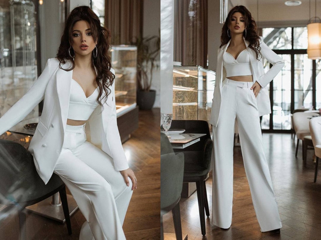 White Wedding Bridal Three Piece Suit Woman Pant Suit for - Etsy