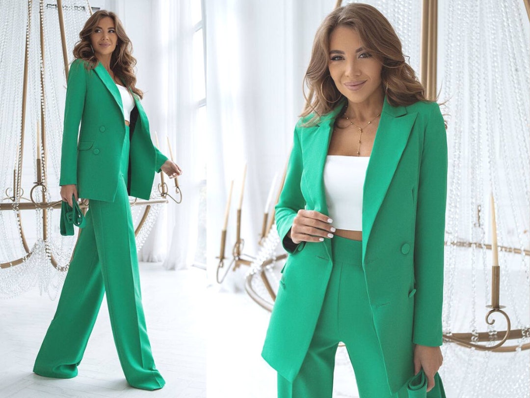 Green Women Suit Set Elegant Cocktail Office Pantsuit Jacket Etsy