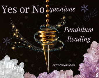 Könnte beinhalten: Ein goldenes Pendel mit einer spitzen Spitze hängt an einer Kette vor einem schwarzen Hintergrund mit einem wirbelnden Design und den Worten "Yes or No questions Pendulum Reading".