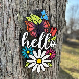 Hello Spring Door Sign - Spring Door Hanger - with Butterfly and Flowers - Spring Decor