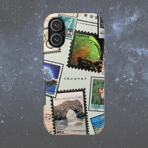 May include: A smartphone case featuring a collage of vintage-style postage stamps on a light background. The stamps display various imagery including a green planet, a fox, a natural rock arch labeled ERID NATIONAL PARK, and the text <brave>.