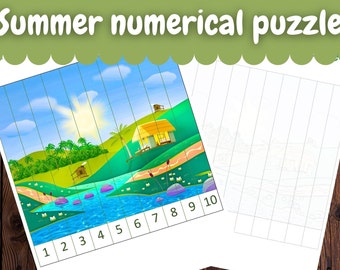 Summer number printable puzzle, preschool counting 1 to 10, digital counting activity for toddler