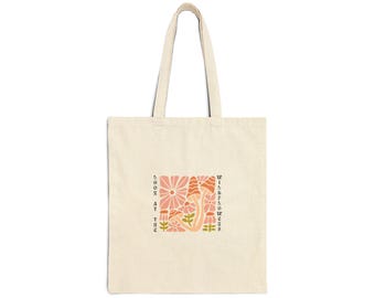 Abstract Floral Block Cotton Canvas Tote Bag | Peach Coral Flower Design