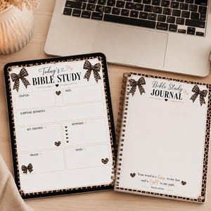 May include: A digital tablet and a spiral-bound journal, both with a leopard print border and bow details. The tablet shows "Today's Bible Study" and the journal says "Bible Study JOURNAL". Both have sections for notes and scripture.