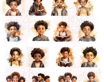 Black Boy Watercolor Clipart, Afro Illustrations (PNG Digital Download)