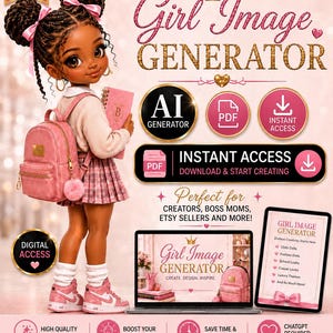 May include: A digital download product featuring a girl character with braided hair, a pink backpack, and a plaid skirt. The graphic includes text such as Girl Image Generator, Instant Access, and AI Generator, alongside a laptop and tablet display.