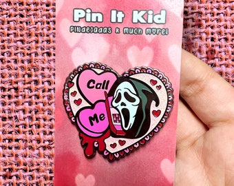 Horror Serial Killer Hard Enamel Pin Call Me Heart Monster Movie Pins Spooky Love Bloody Valentine Retro Gift Halloween Anime Kawaii Glitter