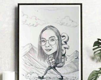 Caricatura a lápiz tamaño A3 para cumpleaños