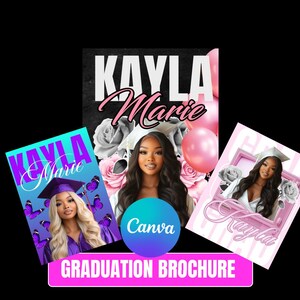 Könnte beinhalten: Ein Abschlussbroschüren-Design mit drei Bildern einer Frau, mit dem Namen "Kayla Marie" in einer Schreibschrift. Die Broschüre enthält florale und Schmetterlingselemente, mit dem Canva-Logo und dem Text "GRADUATION BROCHURE".