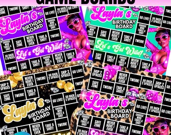 Edytowalny zestaw plansz do gry i bingo | Canva Digital Download | 4 plansze do gry + 2 karty bingo | Wieczór panieński, wieczór panieński, przyjęcie urodzinowe