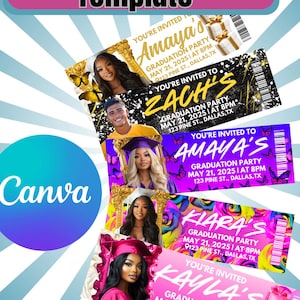 Op de afbeelding: Een sjabloon voor een afstudeerticket met de tekst "Graduation Ticket Template" bovenaan. Het ontwerp bevat verschillende tickets met namen als "Amaya's", "Zach's", "Kiara's" en "Kayla's", met details over het afstudeerfeest.