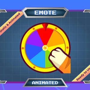 May include: A colourful animated wheel of fortune with a hand reaching out to spin it. The wheel has six sections, each a different colour: red, orange, yellow, green, blue, and purple. The text "EMOTE" is displayed in a pixelated font above the wheel. The text "ANIMATED" is displayed below the wheel. The text "Static & Animated" is displayed in a banner on the left side of the image. The text "Ready to Use" is displayed in a banner on the right side of the image.