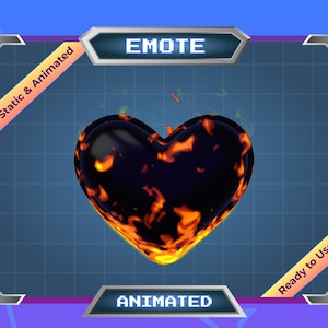 May include: Animated heart emoji with flames, in a blue and yellow frame with the text "EMOTE" and "STATIC & ANIMATED" and "ANIMATED" and "READY TO USE".