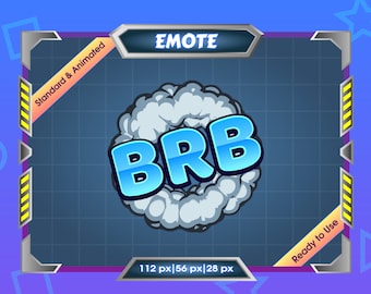 Könnte beinhalten: Ein blaues und weißes animiertes Emoji mit dem Text "BRB" in einer weißen Wolke. Das Emoji ist von einem schwarzen und grauen Rahmen umgeben, der den Text "EMOTE" und "Standard & Animated" oben links und "Ready to Use" unten rechts enthält. Der Rahmen enthält auch den Text "112 px|56 px|28 px" unten in der Mitte.