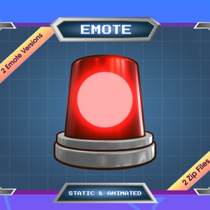 May include: A digital graphic of a red emergency siren with a silver base, labelled "EMOTE." The image is framed with a blue grid background and text indicating "2 Emote Versions" and "Static & Animated" with "2 Zip Files."