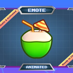 Puede incluir: Emoji animado de un coco verde con una pajita y una sombrilla a rayas rojas y amarillas. El emoji está en un marco azul y gris con el texto "EMOTE" y "ANIMATED".
