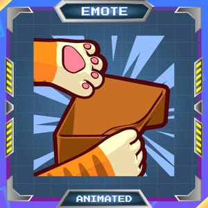 Könnte beinhalten: Animierte digitale Grafik mit einer Katzenpfote, die braunes Papier zerreißt. Das Bild befindet sich in einem blauen und grauen Rahmen mit dem Wort "EMOTE" oben und "ANIMATED" unten. Die Worte "Ready to Use" befinden sich in den Ecken.