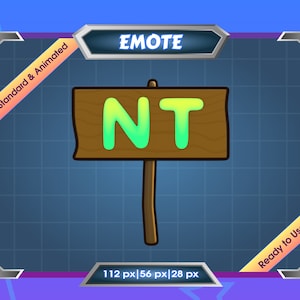 Puede incluir: Una ilustración digital de un letrero de madera con las letras NT en verde y amarillo sobre un fondo marrón. El letrero está en un palo y se coloca sobre un fondo de cuadrícula azul. El texto "EMOTE" está en la parte superior de la imagen.
