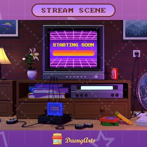 May include: A retro-themed gaming room with a television screen displaying "STARTING SOON" in a pixelated font. The room features a lamp, a potted plant, a bookshelf, a video cassette player, a fan, and a retro gaming console.