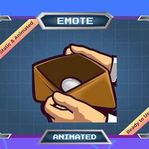 May include: An animated emote graphic featuring a brown wallet being opened to reveal a white sphere. The image is framed with a blue and purple border, with text that reads "EMOTE", "Animated", "Static & Animated", and "Ready to Use".