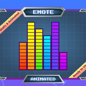 Puede incluir: Gráfico de ecualizador animado con un esquema de colores arcoíris. El gráfico está situado dentro de un marco plateado con un fondo azul. El texto "EMOTE" se muestra en una fuente pixelada en la parte superior del marco. El texto "Static & Animated" se muestra en una pancarta amarilla en la esquina superior izquierda del marco. El texto "ANIMATED" se muestra en una fuente pixelada en la parte inferior del marco. El texto "Ready to Use" se muestra en una pancarta amarilla en la esquina inferior derecha del marco.