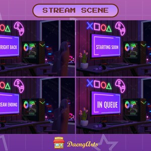 May include: A digital illustration of a streamer's setup with a computer monitor displaying different messages, including "Be Right Back", "Starting Soon", "Stream Ending", and "In Queue". The monitor is surrounded by neon lights in the shape of a controller, a square, a circle, and a triangle. The scene is set in a dark room with a window overlooking a cityscape.