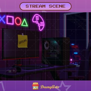 May include: A purple and black gaming room with a computer, a gaming chair, and a monitor displaying "OFFLINE". Neon lights in the shape of a cross, square, circle, triangle, and a game controller are on the wall.