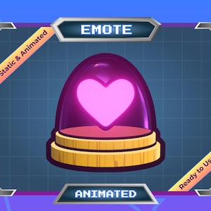 May include: An animated emote design featuring a glowing pink heart inside a purple dome. The design is set on a gold platform with the word "EMOTE" at the top and "ANIMATED" at the bottom. The words "Static & Animated" and "Ready to Use" are also present.