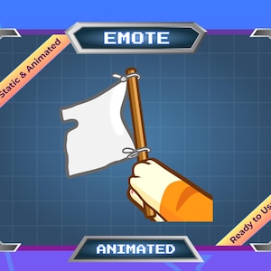 以下が含まれることがあります： 木製の棒に白い旗を持った漫画の手のアニメーションエモート。旗は風になびいています。エモートは「EMOTE」と「ANIMATED」とラベル付けされています。