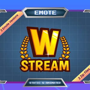 Könnte beinhalten: Ein blauer und grauer digitaler Rahmen mit einem gelben "W" und dem Wort "STREAM" in gelben Buchstaben. Der Rahmen hat ein Banner mit der Aufschrift "2 Emote Versions" und ein weiteres Banner mit der Aufschrift "2 Zip Files". Der Text "STATIC & ANIMATED" befindet sich am unteren Rand des Rahmens.