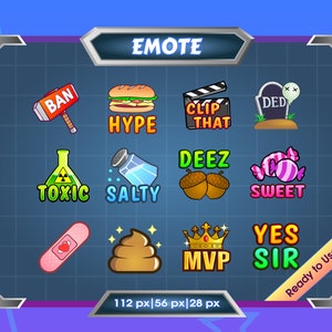Könnte beinhalten: Eine digitale Illustration in Blau und Grau von 12 verschiedenen Emojis mit Textbeschriftungen. Die Emojis beinhalten einen Hamburger, einen Salzstreuer, Süßigkeiten, ein Pflaster und eine Krone. Die Textbeschriftungen beinhalten "Hype", "Salty", "Sweet", "MVP" und "Yes Sir".