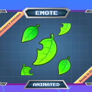 May include: Animated green leaf emote with a pixelated "EMOTE" and "ANIMATED" text on a blue and gray background. The text "Standard & Animated" and "Ready to Use" are on the sides of the image.