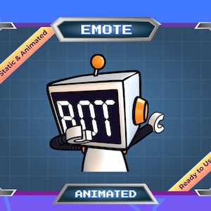 Può includere: Personaggio robot animato con una testa bianca che mostra la parola "BOT" in lettere digitali bianche. Il robot ha accenti arancioni, una piccola antenna e un braccio a forma di chiave inglese. L'immagine è incorniciata con il testo "EMOTE", "Static & Animated" e "Ready to Use".