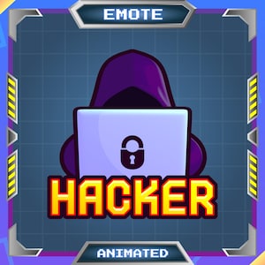 May include: Animated digital graphic with a purple hooded figure in front of a laptop with a padlock icon. The word "HACKER" is in orange letters with a yellow outline. The background is blue with a grid pattern and the word "EMOTE" at the top.