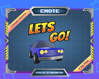 May include: A blue car with yellow headlights and the text "LETS GO!" in a yellow and orange font. The image is set against a blue grid background with a yellow and black striped border. The text "2 Emote Versions" and "2 Zip Files" are on the left and right sides of the image, respectively. The text "EMOTE" is in a blue box at the top of the image. The text "STATIC & ANIMATED" is at the bottom of the image.