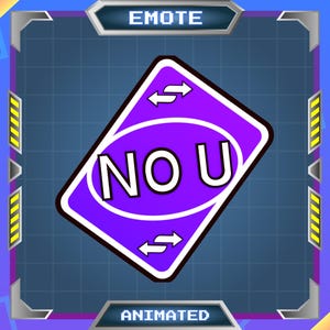 Puede incluir: Un emote digital rectangular de color morado con un borde blanco y el texto NO U en letras mayúsculas blancas en negrita. El diseño incluye dos flechas blancas que apuntan en direcciones opuestas sobre un fondo oscuro con cuadrícula.