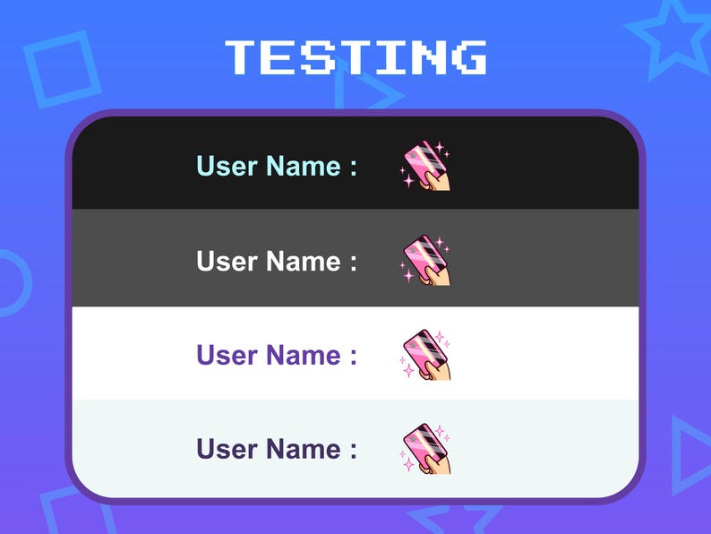 May include: A screenshot of a mobile app interface with the word "TESTING" at the top. The app has a list of user names with a pink credit card icon next to each name.