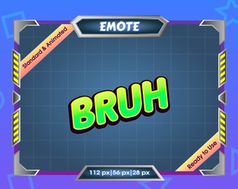 May include: A blue and grey animated Twitch emote frame with a green and yellow "BRUH" text overlay. The frame has a yellow and black striped border and the text "Standard & Animated" and "Ready to Use" on the top and bottom, respectively. The frame also includes the text "EMOTE" and "112 px|56 px|28 px".