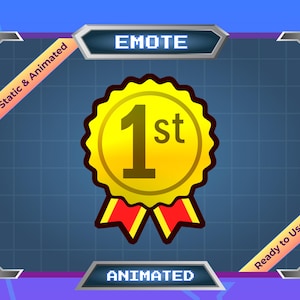 Könnte beinhalten: Digitalgrafik mit einer goldenen Medaille mit der Nummer "1st" in der Mitte, vor einem blauen Gitterhintergrund. Das Wort "EMOTE" steht oben und "ANIMATED" unten. Text lautet "Static & Animated" und "Ready to Use".